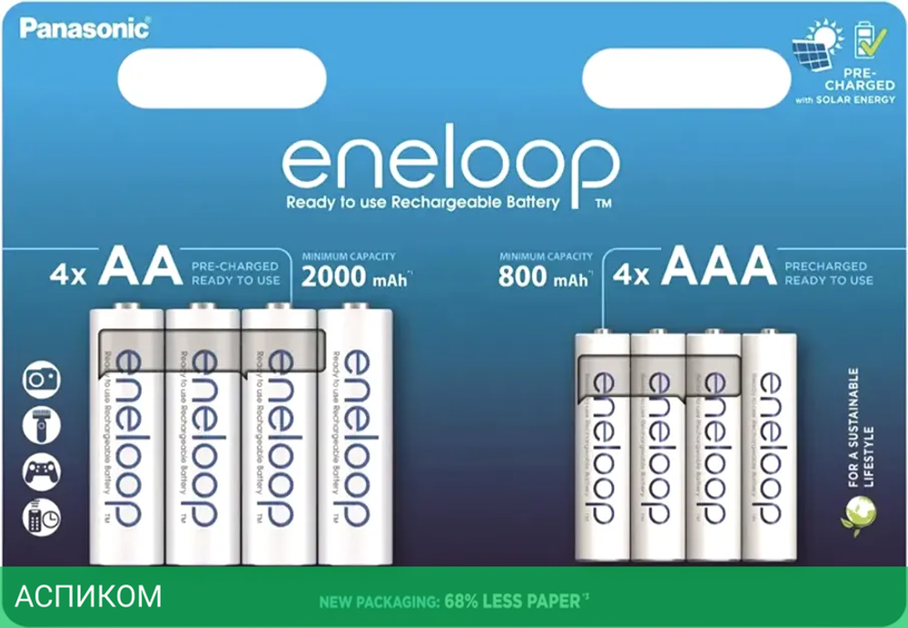 Аккумулятор Panasonic Eneloop AA 2000mAh + AAA 800mAh (BK-3MCDE+BK-4MCDE/8CP)