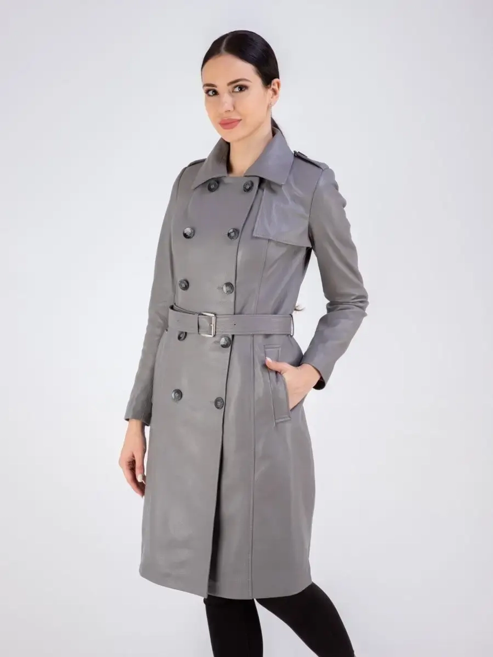 Тренч длинный кожаный с поясом плащ на весну