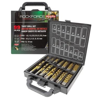 Набор сверл по металлу HSS, 99пр.(1,1.5,2,2.5,3,3.5,4мм по 10шт, 4.5,5,5.5,6,6.5мм по 5шт, 8,10мм по 2шт),в кейсе RockForce##Rock FORCE RF-924U99