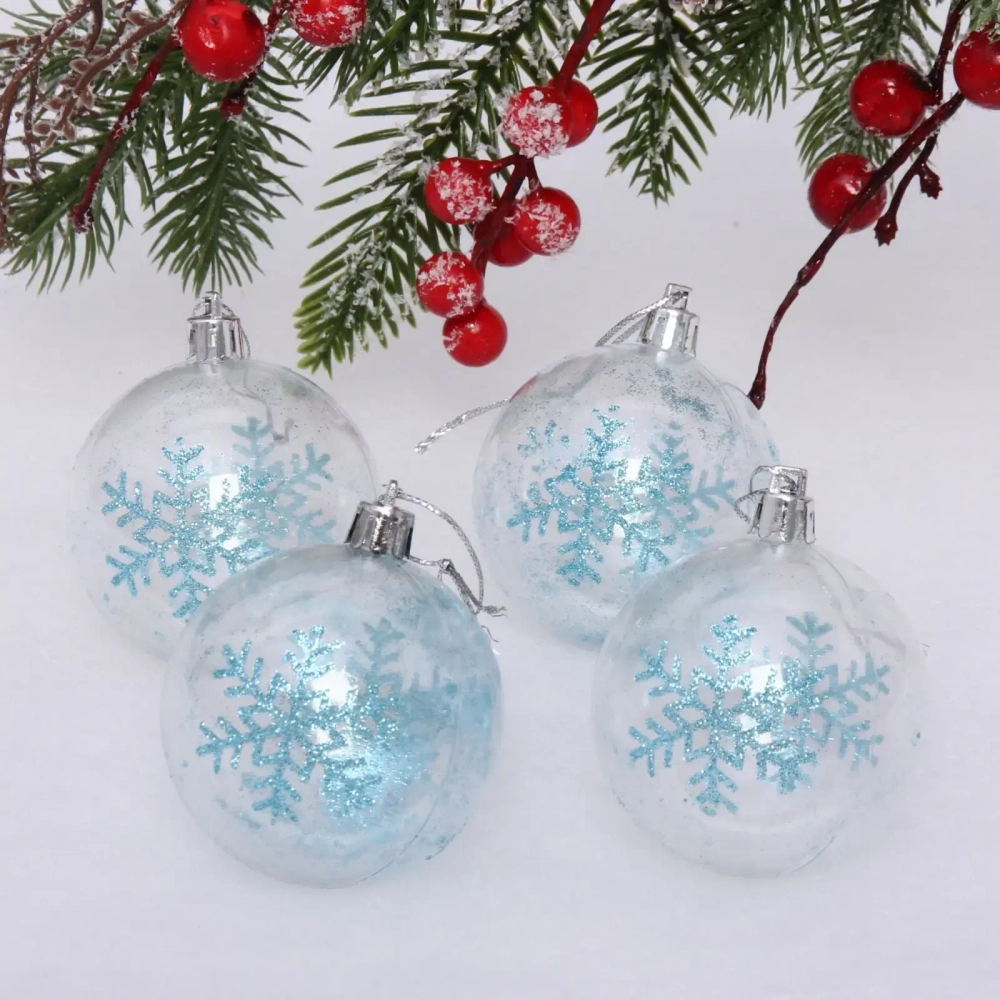 Новогодние шары 6 см (набор 4 шт) «Фантастические снежинки», голубой