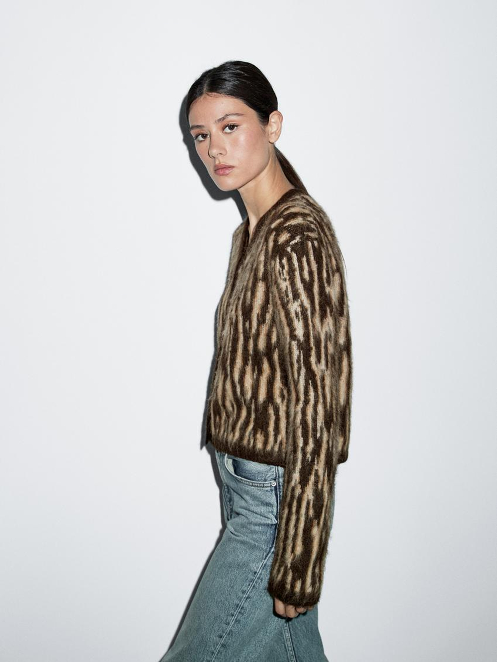 Massimo Dutti Кардиган из смесовой шерсти альпака с анималистическим принтом, коричневый