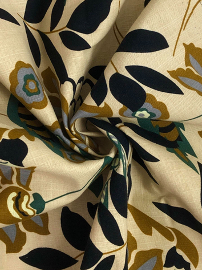 Плательная лен принт цветы/листья зеленые на бежевом