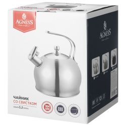 ЧАЙНИК AGNESS СО СВИСТКОМ 3,2Л, ТЕРМОАККУМУЛИРУЮЩЕЕ ДНО, 304 СТАЛЬ, ИНДУКЦИЯ
