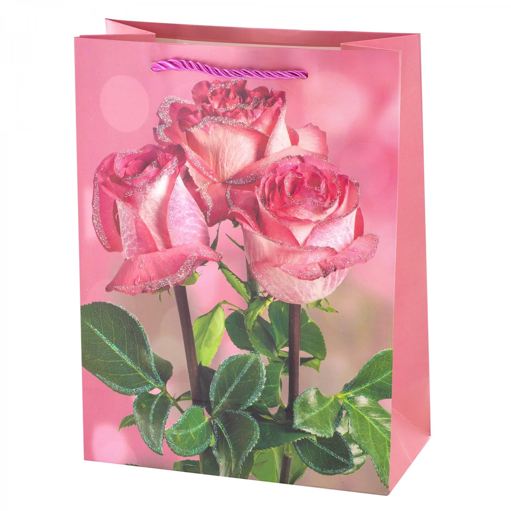 Пакет подарочный бумажный Alingar, (XL) 31х40х12 см, вертикальный, "Нежный букет", мат. ламинация, глиттер, ассорти