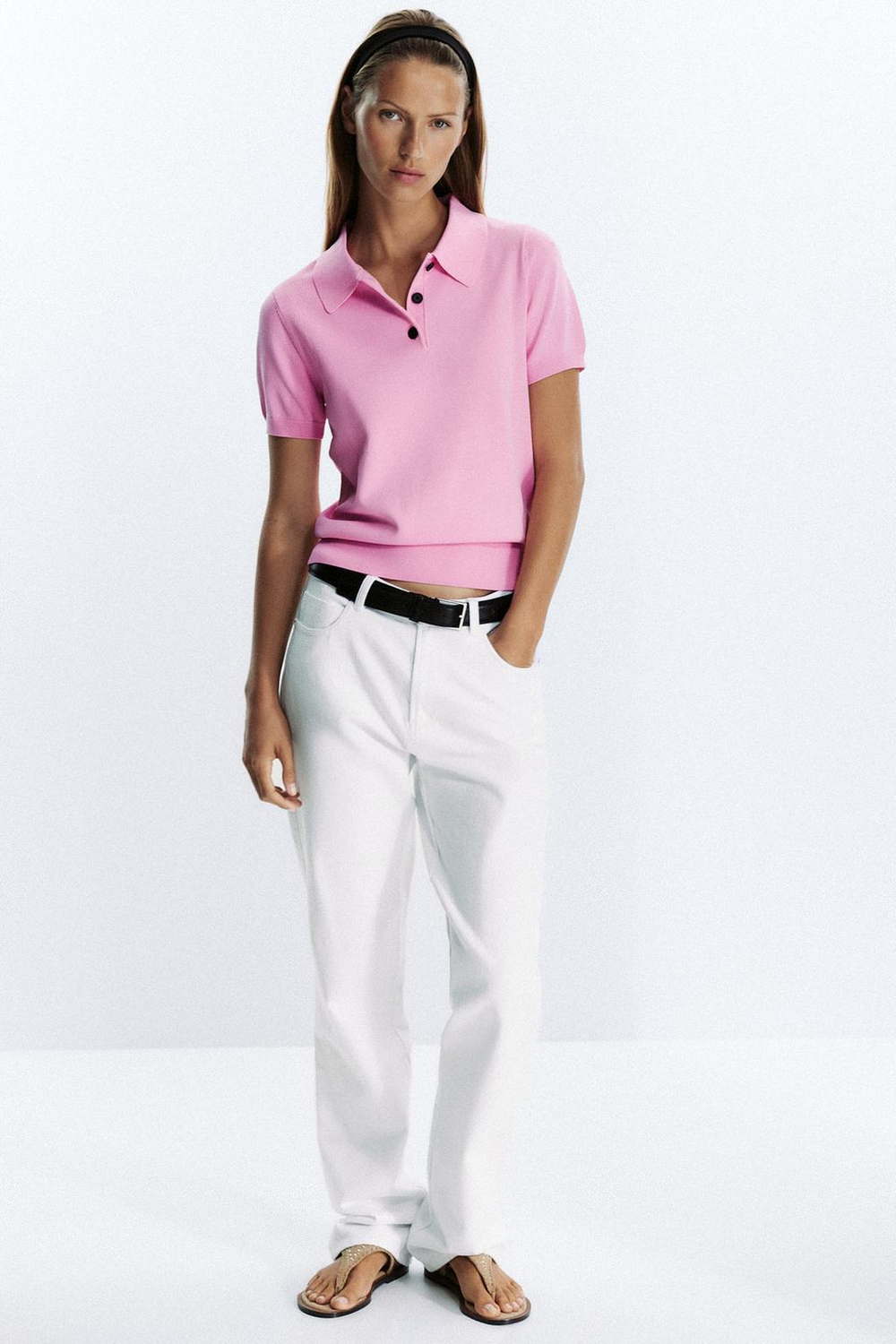 ZARA ТРИКОТАЖНЫЙ ТОП-ПОЛО С КОРОТКИМИ РУКАВАМИ, МЯГКИЙ РОЗОВЫЙ