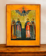 Косма и Дамиан, Кир и Иоанн святые врачи бессеребренники. Деревянная икона на левкасе