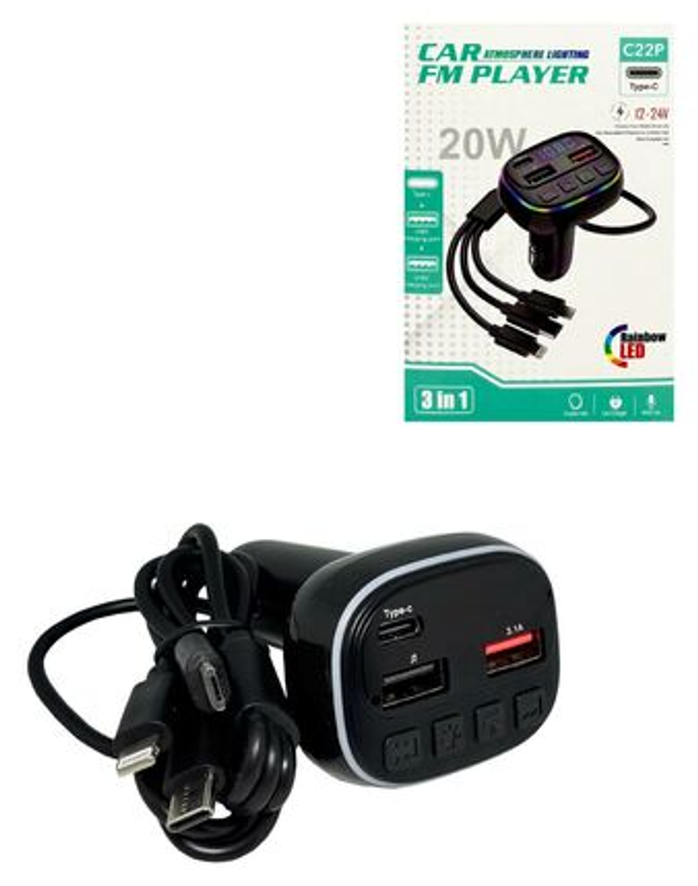 Модулятор ДС FM МР3 Bluetooth 2USB цифровой дисплей LED,Type-C 3.1А, с проводом 3в1 C-22P  20614