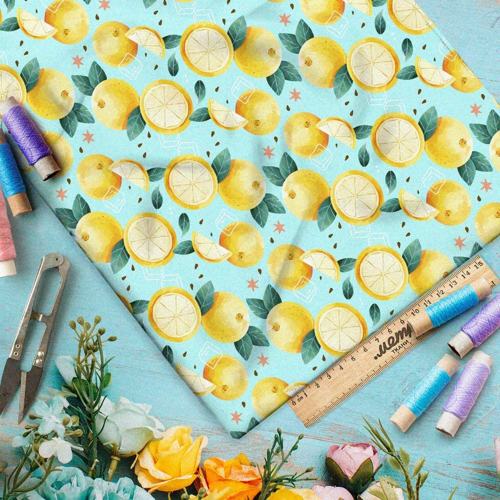Ткань поплин мягкие лимоны на голубом фоне