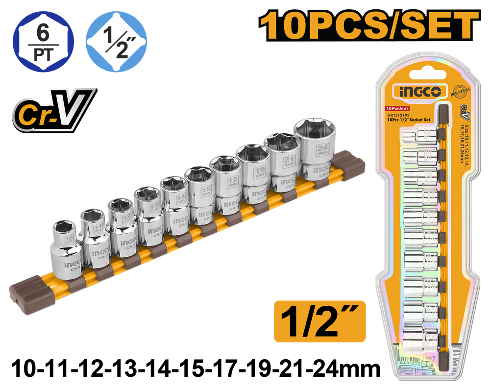 Набор торцевых головок INGCO HKTS12103 INDUSTRIAL 1/2&quot; 10-24 мм 10 шт.