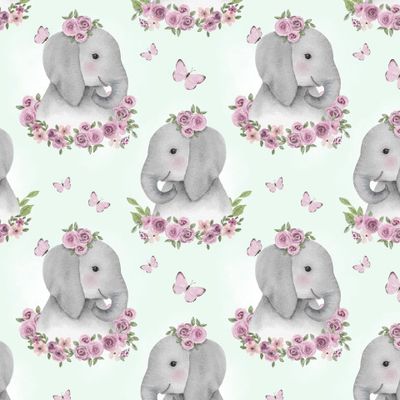 слон на мятном фоне с розовыми цветами