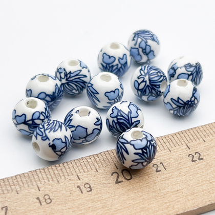 Бусины Шар с цветами, керамика, цвет синий, размер около 10 мм, цена за 1 шт
