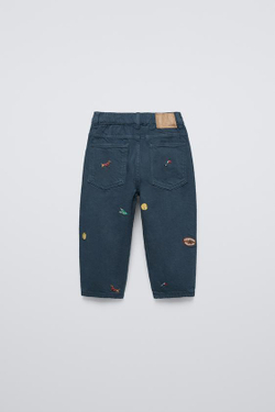 ZARA БРЮКИ STRAIGHT ИЗ ТВИЛА С ВЫШИВКОЙ, СИНИЙ/ИНДИГО