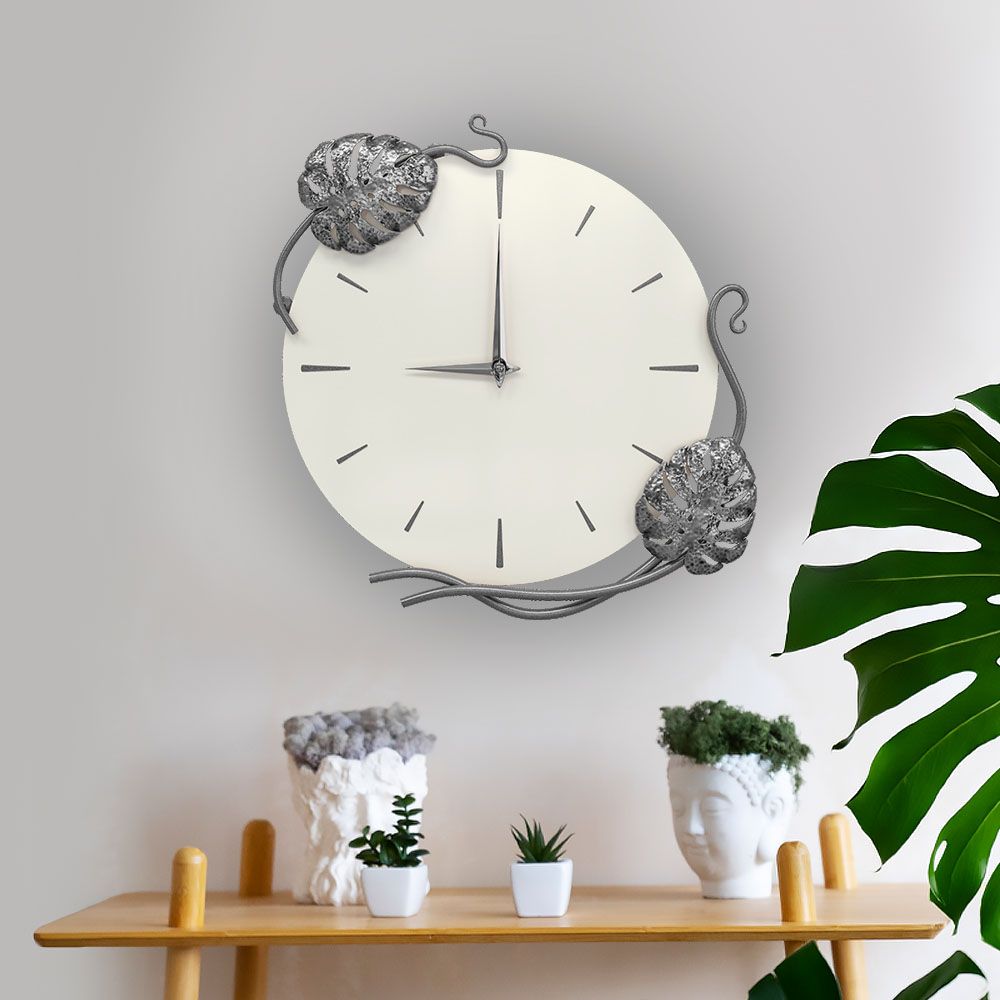 Часы настенные Monstera Deliciosa (Монстера) Колор Белый опал Сильвер