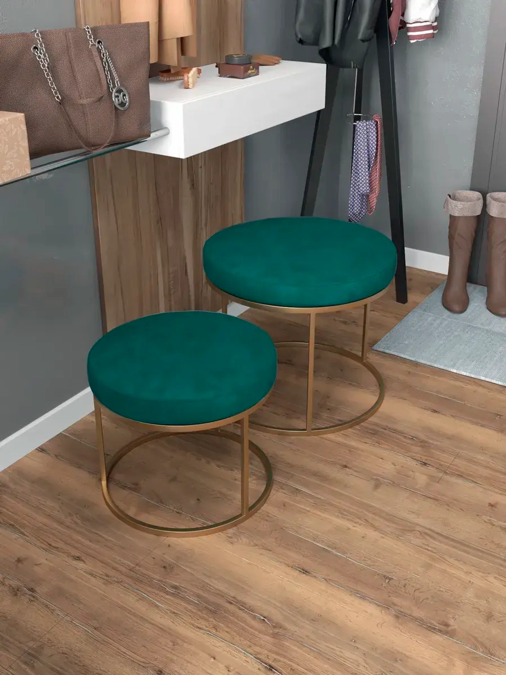 Комплект круглых банкеток - ЗЗЕЛ - зеленое на золотом