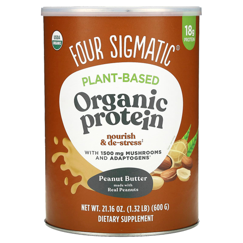 Four Sigmatic, Протеин растительного происхождения с грибами для поддержки иммунитета и адаптогенами, арахисовая паста, 600 г (1,32 фунта)