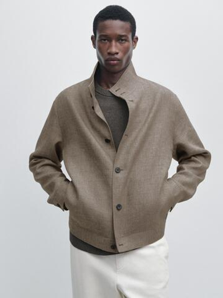 Massimo Dutti Бомбер из смесового льна с воротником, бежевый