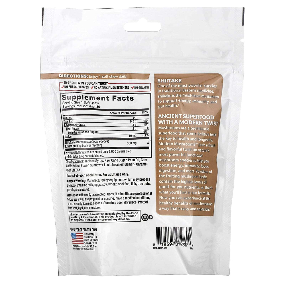 Force Factor, Modern Mushrooms™, шиитаке, карамельное яблоко, 30 жевательных таблеток с суперфудами (300 мг в 1 жевательной таблетке)