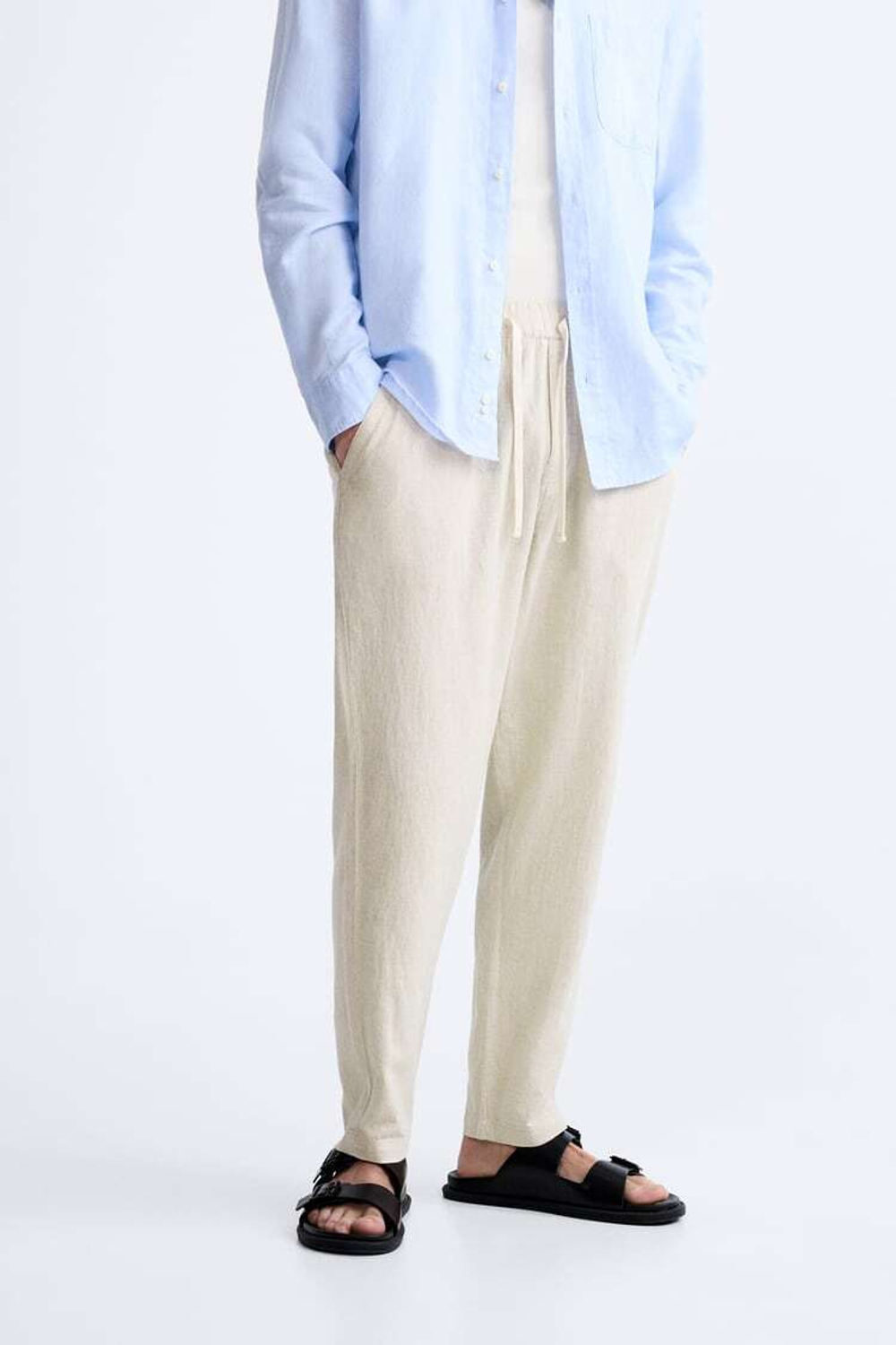 ZARA БРЮКИ ИЗ ХЛОПКА И ЛЬНА, СВЕТЛО-БЕЖЕВЫЙ