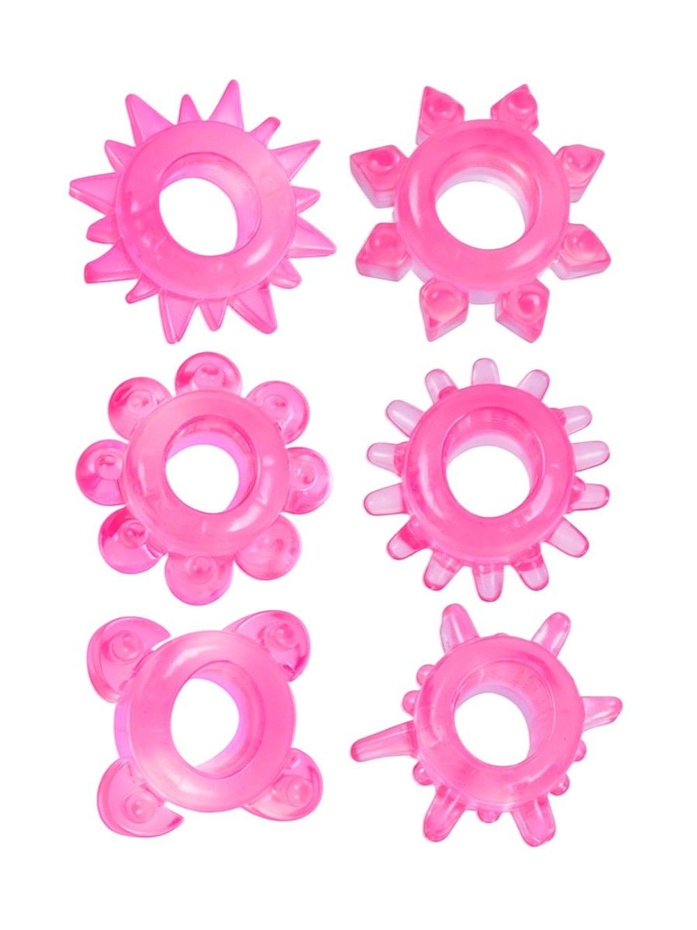 Набор из 6 розовых эрекционных колец с различным рельефом (Цвет: розовый)