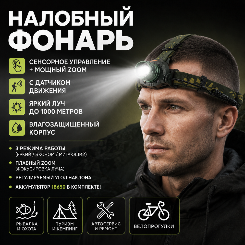 Фонарь налобный HT-427 с датчиком движения и функцией Zoom