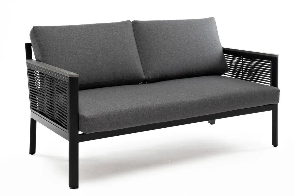 "Сан Ремо" диван 2-местный плетеный из роупа, каркас алюминий темно-серый, роуп серый, ткань серая