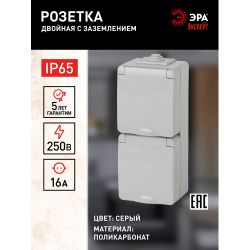 11-2607-03 ЭРА Розетка 2х2P+E верт. IP65, 16A-250В, ОУ, серый