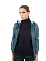 Женская кожаная куртка-бомбер бирюзовая с капюшоном