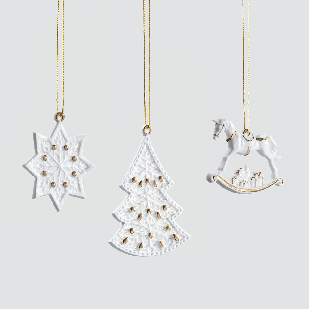 Набор из 3 елочных игрушек Farforite «Зимнее кружево» в подарочной коробке