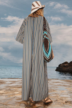 ZARA ПЛАТЬЕ МИДИ C ПОЯСОМ В ПОЛОСКУ - LIMITED EDITION, КОРИЧНЕВО-СИНИЙ