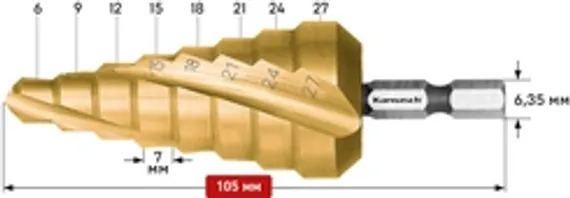Набор ступенчатых сверл со спиралью с покрытием TiN-GOLD (2 зубца) Karnasch, арт. 21.3090