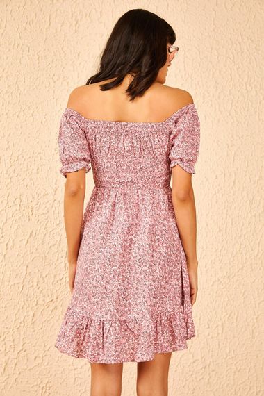 Qadın üçün sinə dekolteli, kiçik güllü don çəhrayı 10091046