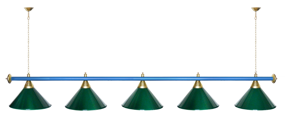 Лампа STARTBILLIARDS 5 пл. (плафоны зеленые,штанга зеленая,фурнитура золото)