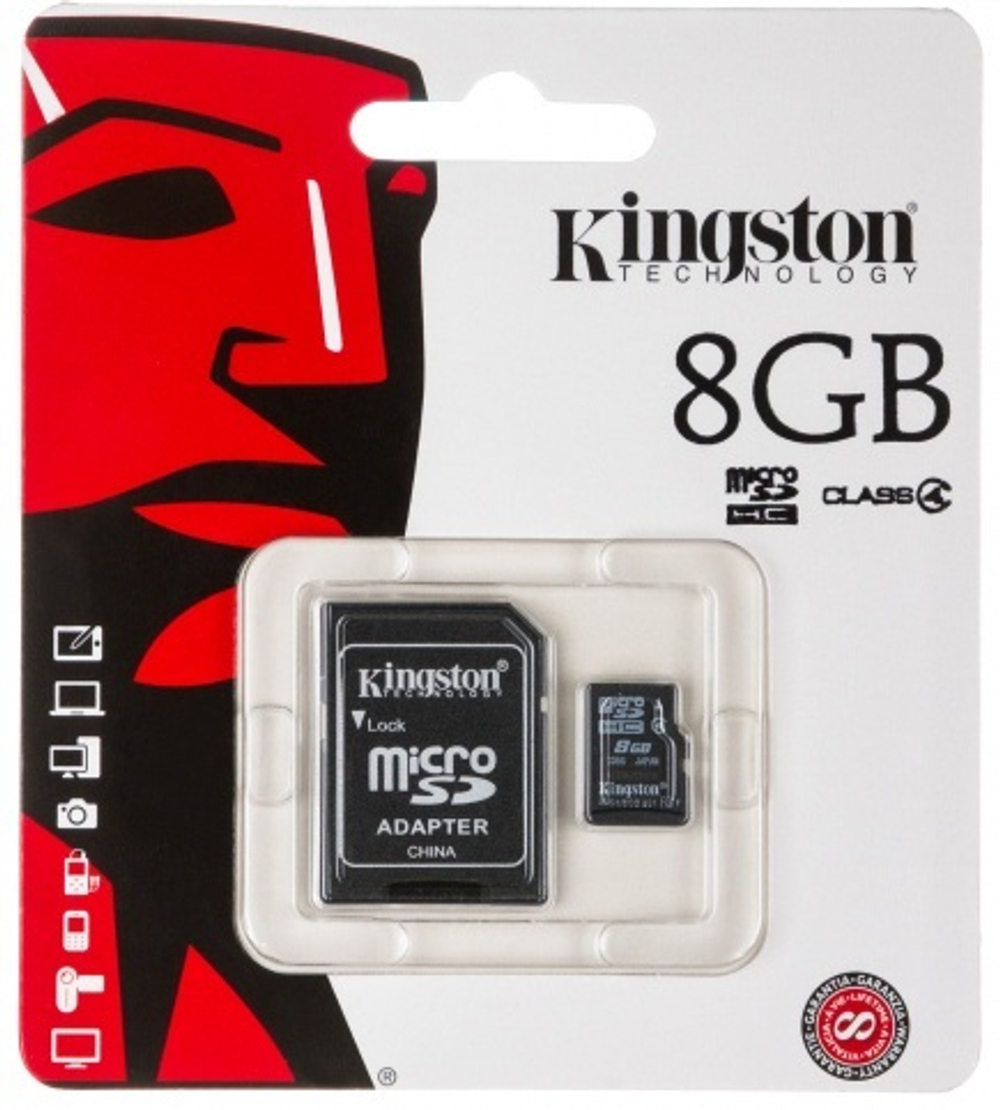 Карта памяти Kingston micro SDHC 8Gb class 4 + адаптер