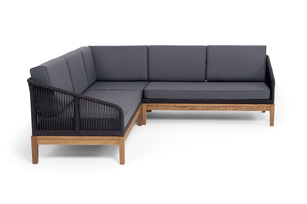 "Канны" диван модульный плетеный из роупа, основание дуб, роуп темно-серый круглый, ткань темно-серая 027