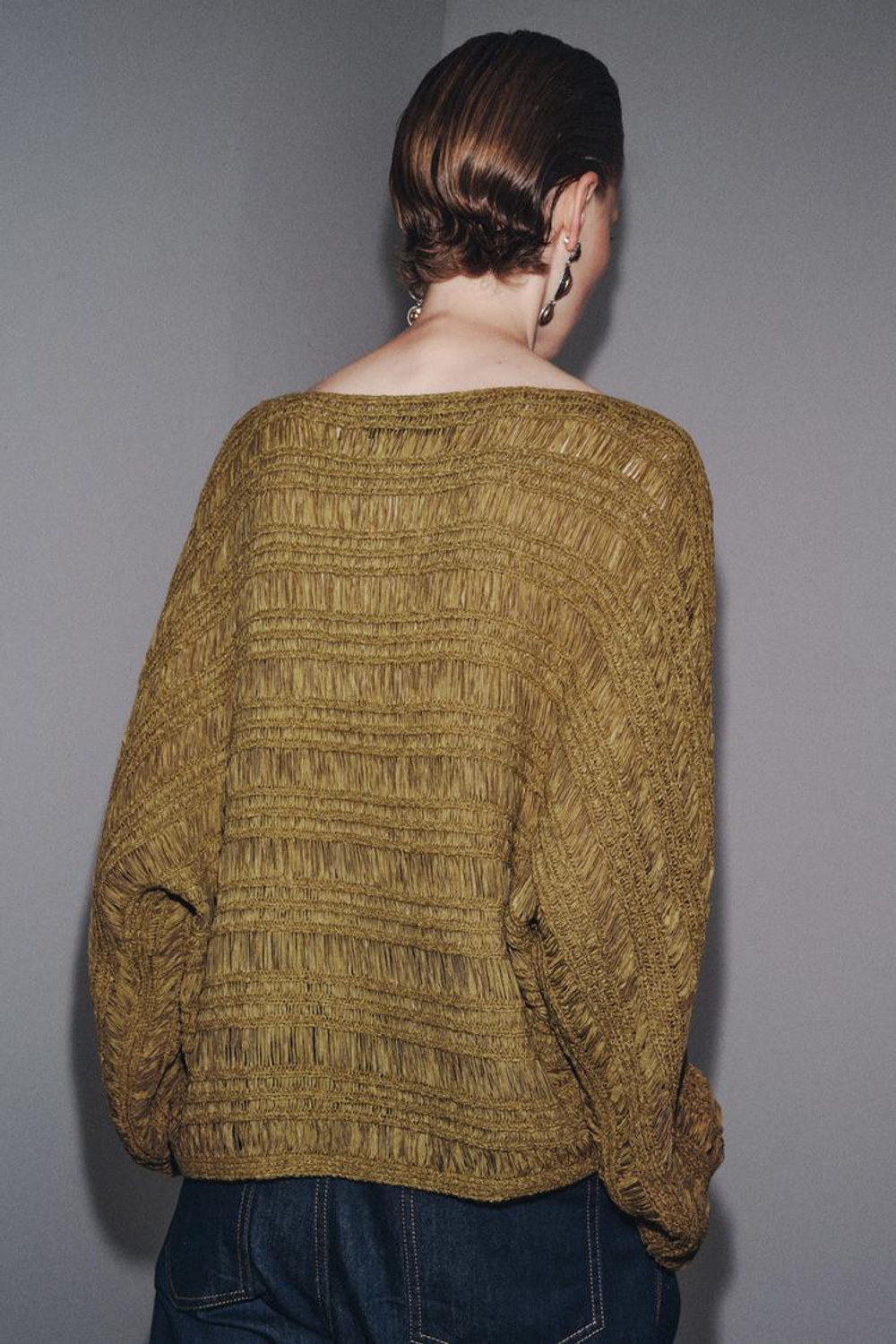 ZARA ВЯЗАНЫЙ ДЖЕМПЕР С ЛЕНТАМИ, ХАКИ