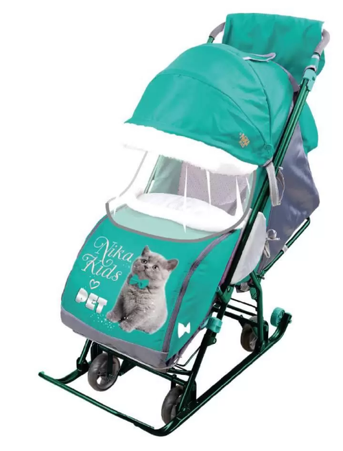Санки-коляска НДТ4-1/8 Наши детки с котенком изумрудный