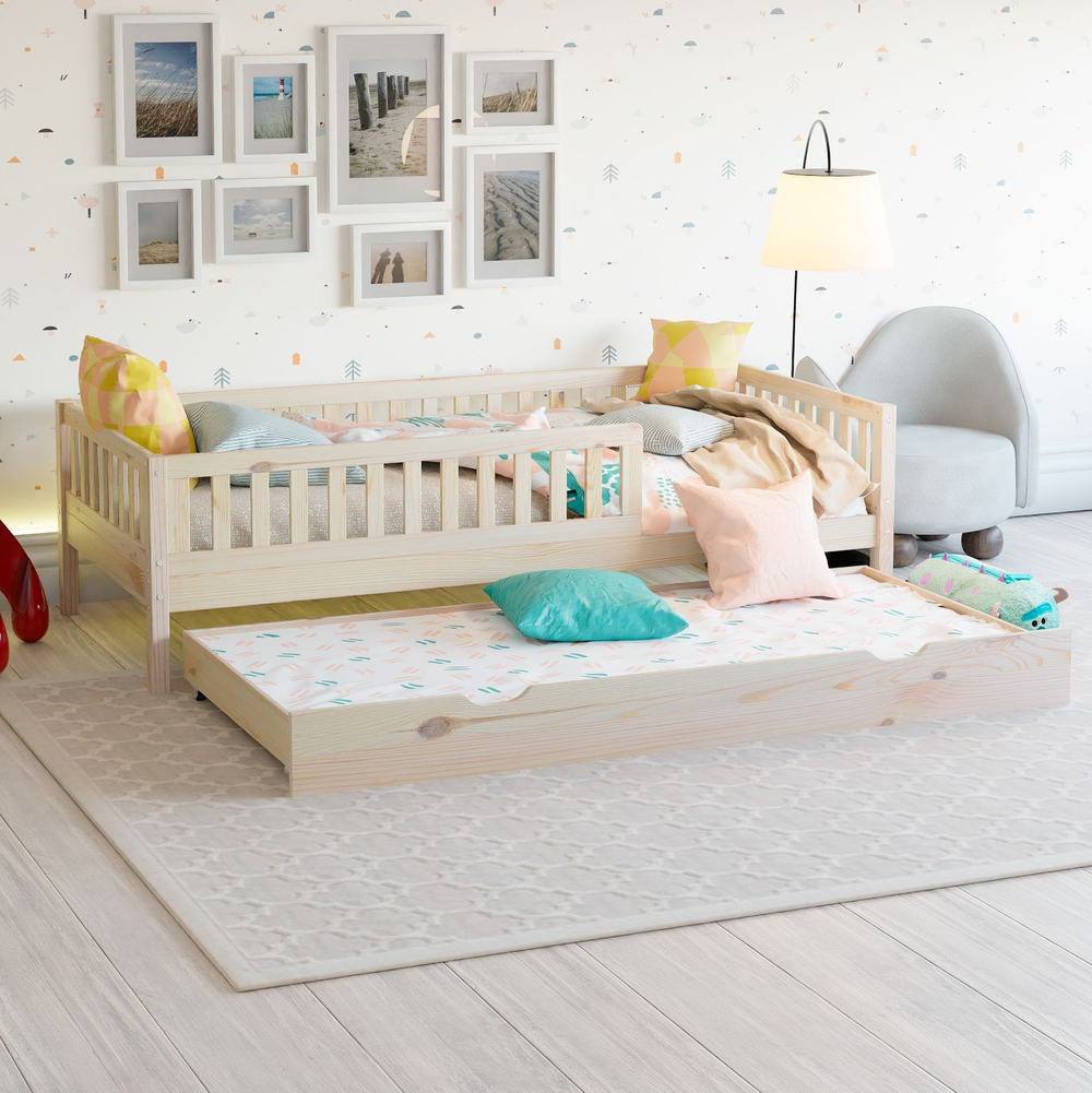 Односпальная кровать 90х190 Лили с выдвижным спальным местом из массива сосны, лак