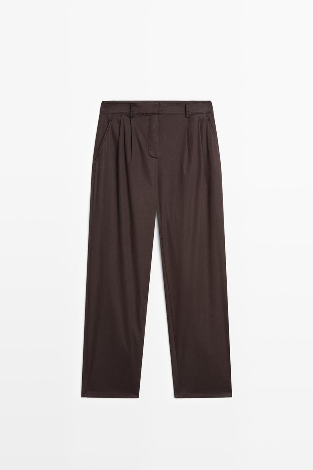 Massimo Dutti Плиссированные брюки из смесовой хлопковой ткани поплин, шоколадный