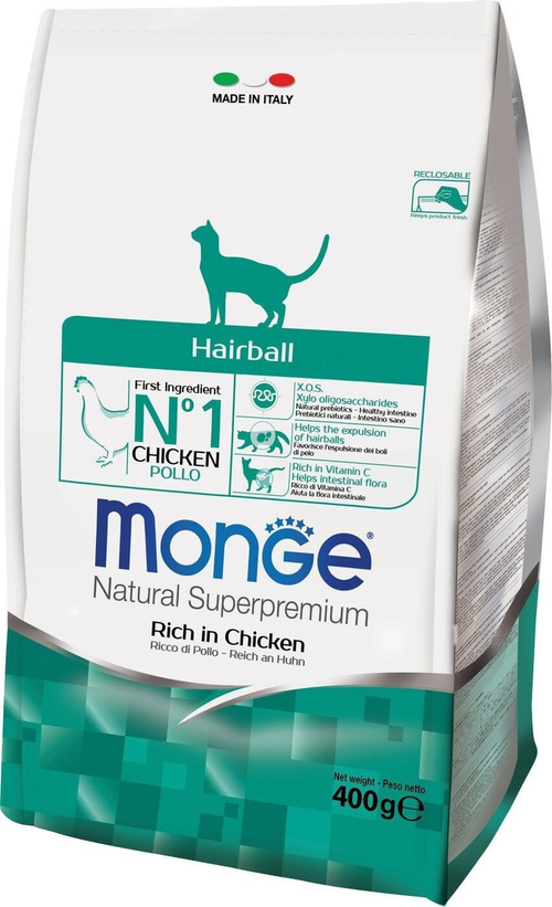 Сухой корм Monge Hairball для выведения шерсти у кошек, курица рис, 400 г