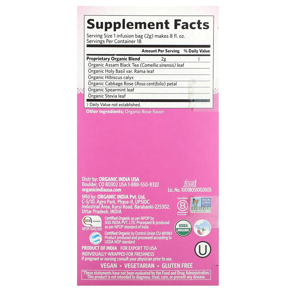Organic India, Черный чай Ассам, сладкая роза тулси, 18 пакетиков для заваривания, 36 г (1,27 унции)