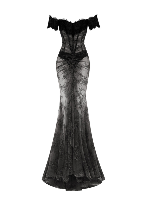 Платье макси корсетное из кружева со спущенными рукавами