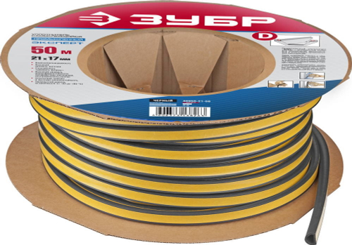 Резиновый промышленный уплотнитель ЗУБР ГАРМОНИЯ самоклеящийся, профиль ″D″, размер 21х17мм, чёрный, 50м