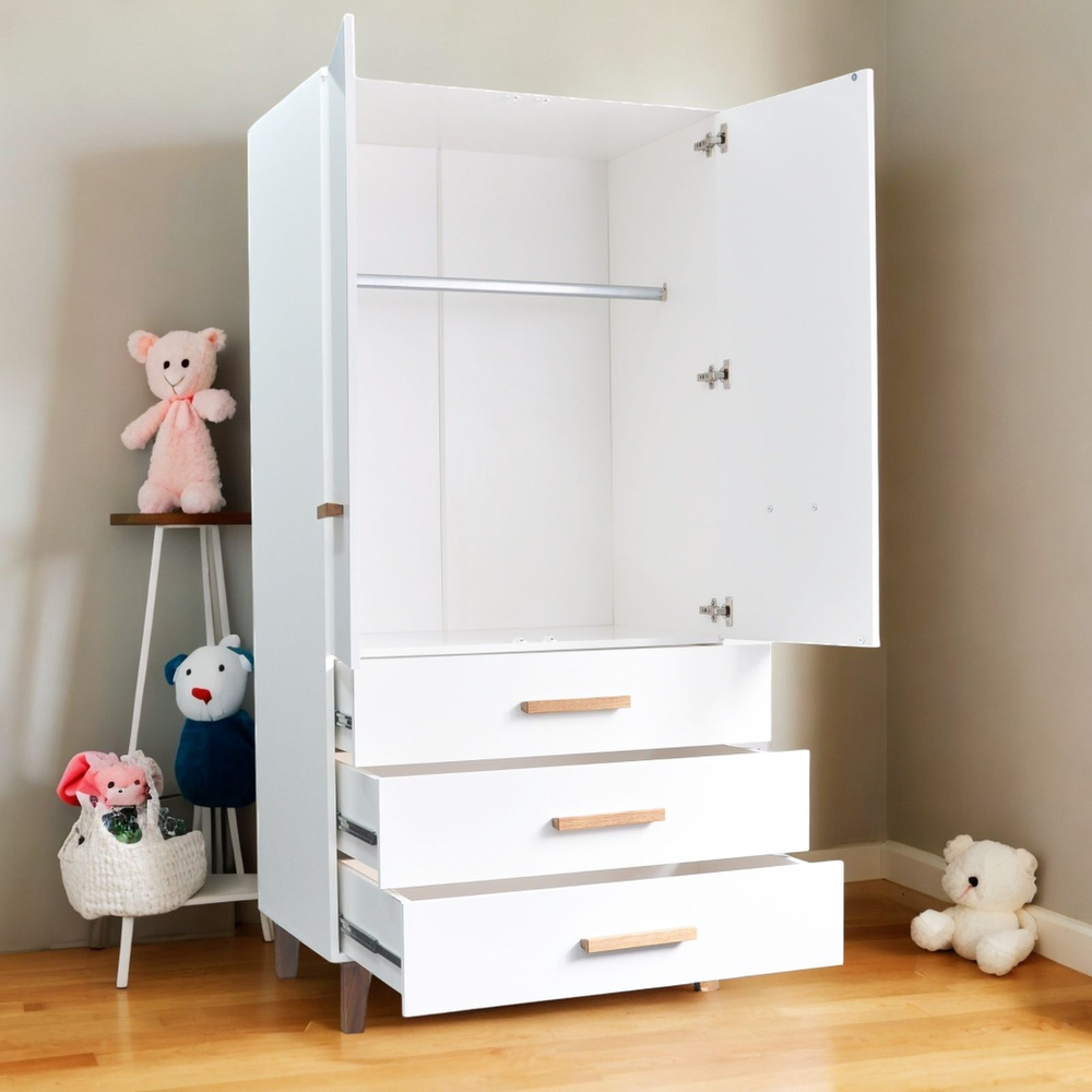 Шкаф 89х56х183, Чек, распашной для одежды, в детскую, спальню, прихожую, с дубовыми ручками и ножками, двухдверный, массив сосны, белый, Dipriz