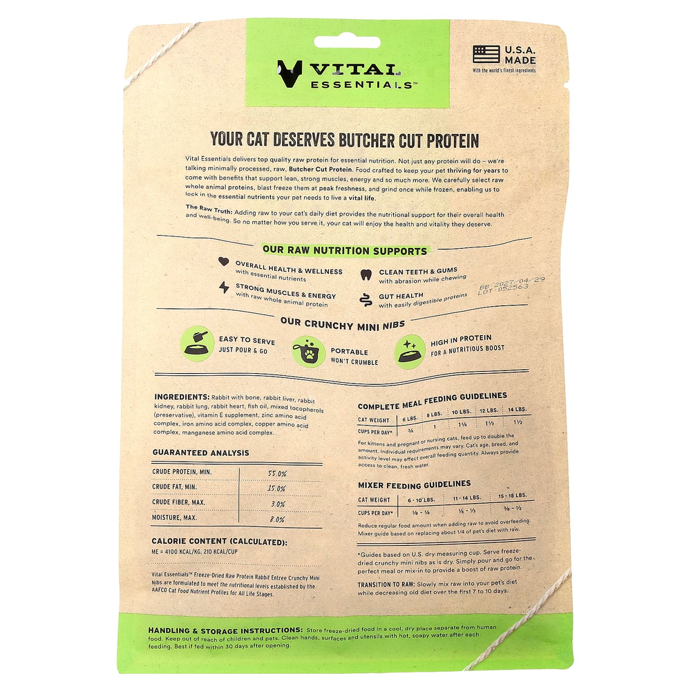 Vital Essentials, сублимированный сырой протеин, хрустящие мини-бобы, для кошек, блюдо из кролика, 340,2 г (12 унций)