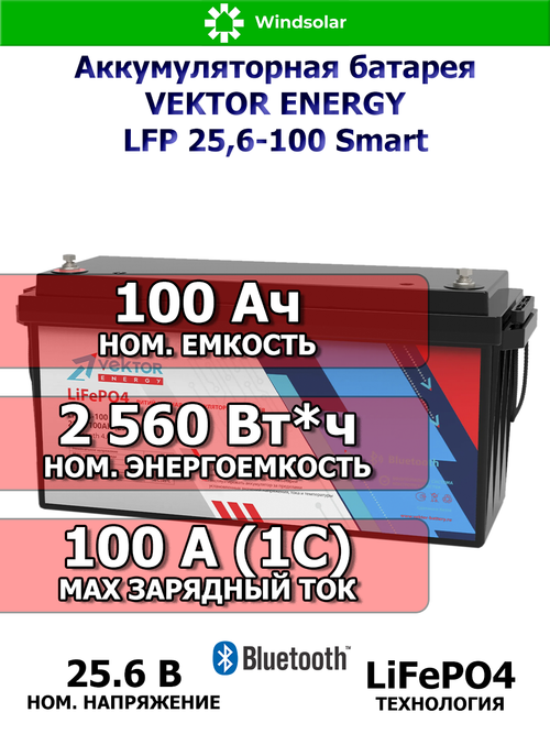 Аккумуляторная батарея VEKTOR ENERGY LFP 25,6-100 Smart (100Ah / 25,6V / 2560Wh / BMS / BT 4.0 / LiFePO4)