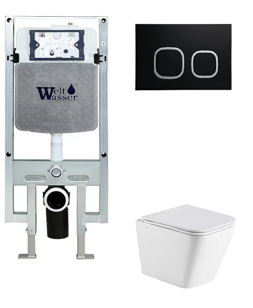 Унитаз подвесной WeltWasser AMBERG 497 ST + GELBACH 043 MT-WT + AMBERG RD-BL белый матовый, безободковый, с крышкой микролифт, слив-торнадо, с инсталляцией и черной кнопкой