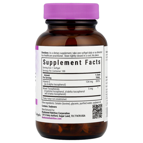 Bluebonnet Nutrition, Витамин E, 200 МЕ, 100 гелевых капсул