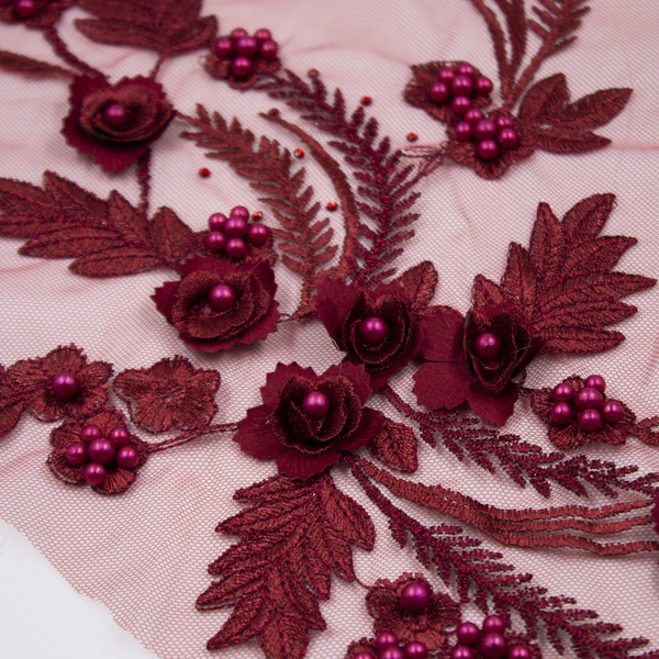 Аппликация лейса 3D на сетке 35*25 см бордовая