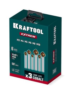 KRAFTOOL EXTREME Со5-А, 6 шт (М3-М10), сталь M35, U-образная спираль, Набор зенкеров (29734-H6)