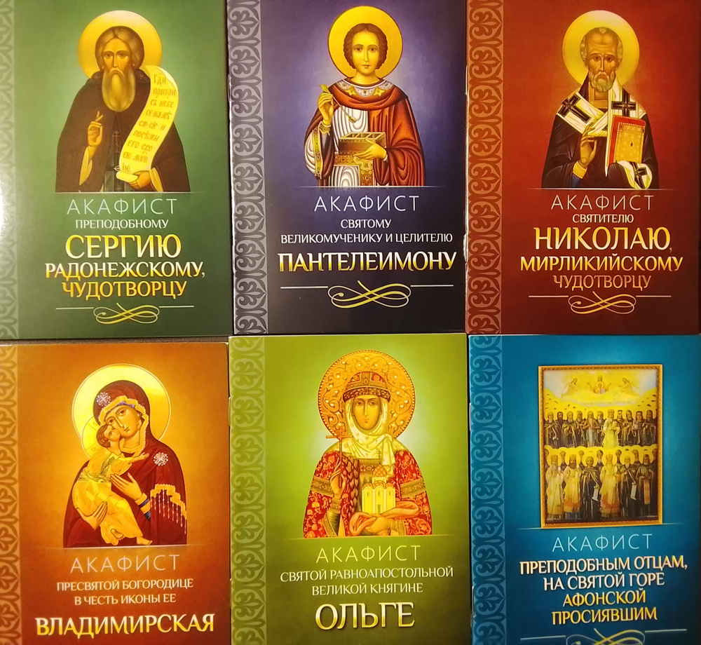 Акафисты: прп. Сергию Радонежскому, свт. Пантелеимону, свт. Николаю, в честь иконы Пресвятой Богородицы Владимирская, св. Ольге, прп. старцам на Святой Горе Афонской просиявшим